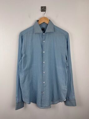 Fedeli Men Blue Cotton Button Down Shirt Neck 15.75
